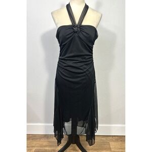 Y2K Halter Dress M Black Ruched Goth Glam Clubwear Asymmetrical Mesh Hem Evening